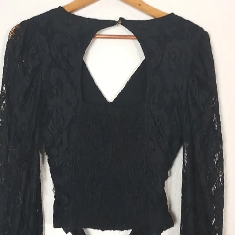By Anthropologie Balloon-Sleeve Lace Wrap Blouse Black Small